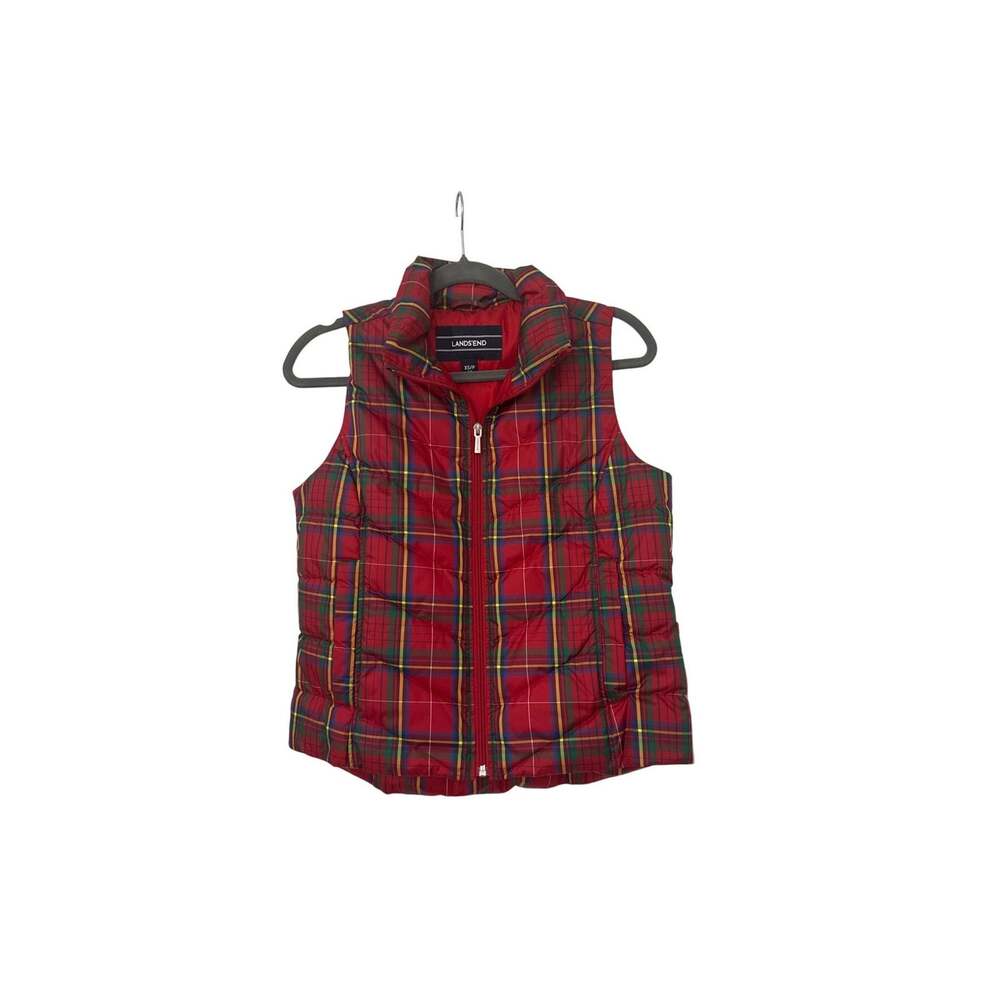Lands' End Feather Down Puffer Vest Holiday Winter Red Tartan Plaid Size XS
